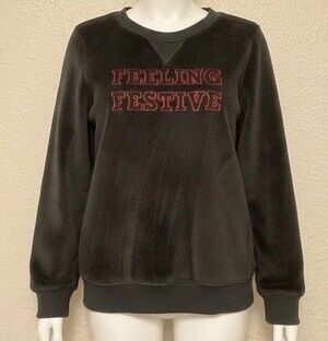 Sweatshirt Pullover Velour Fleece Black Fuzzy Sweatshirt Velour Cozy Winter M
